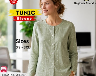 Women's Linen Tunic Sewing Pattern PDF, Relaxed Fit Button Down Blouse, Long Sleeve Summer Top, Printable Digital Download