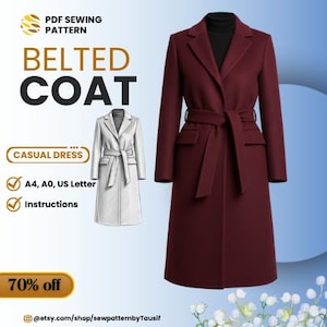 Belted Coat Sewing Pattern PDF | Custom Handmade  Coat | Women's Tailored Design | Wool Coat | A4 , A0 , US Letter (Digital Download)