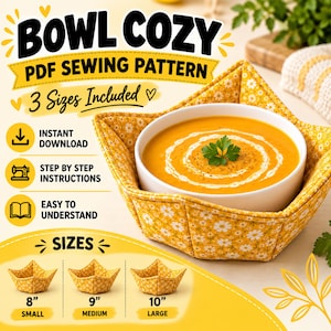 Soup Bowl Cozy Sewing Pattern PDF | Microwave Bowl Cozy Pattern | Fabric Bowl Holder | Quilted Hot Bowl Cozy | Instant Download