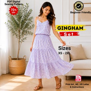 May include: A lavender two-piece set featuring a sleeveless top with thin straps and a tiered midi skirt, both adorned with a small white floral pattern. Text includes PDF Digital Sewing Pattern, GINGHAM Set, Sizes XS - 2XL, and Print A4, A0, US Letter & Instructions.