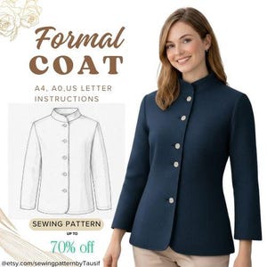 Puede incluir: Un abrigo formal azul marino con cuello mandarín y cierre de botones. La imagen incluye un dibujo lineal del abrigo y el texto "Formal COAT" y "SEWING PATTERN". El texto también indica que el patrón tiene hasta un 70% de descuento.