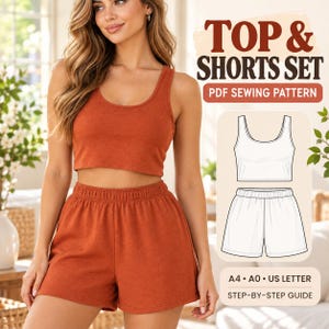 Puede incluir: Un conjunto a juego de color óxido que consta de un top corto sin mangas con cuello redondo y pantalones cortos con cintura elástica. La imagen incluye el texto TOP & SHORTS SET PDF SEWING PATTERN, A4, A0, US LETTER y STEP-BY-STEP GUIDE con dibujo.