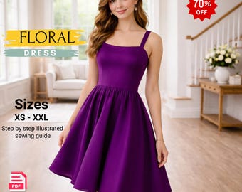 Floral Fit and Flare Dress Sewing Pattern pdf, A Line Sundress Pattern XS-2XL, Mini Dress DIY, Printable A4 US Letter A0