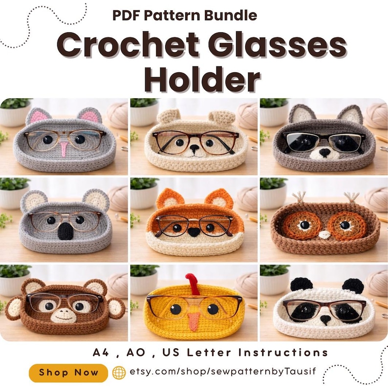Crochet Glasses Case Pattern Bundle | Animals Eyeglasses personalized gift |Handmade Amigurumi | gift for her | (Digital products) image 1