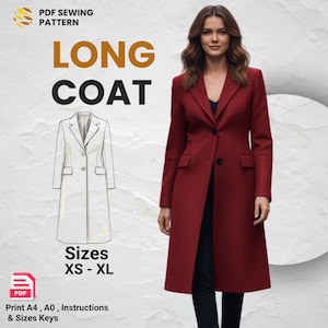 Op de afbeelding: Een vrouw draagt een lange, rode jas. De afbeelding bevat een lijntekening van een lange jas en de tekst "PDF Sewing Pattern", "Long Coat" en "Maten XS-XL". Het patroon is voor maten XS tot XL.