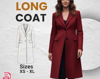 May include: A woman wearing a long, red coat with a black top and black pants. The image includes a line drawing of a long coat and text that reads "PDF Sewing Pattern", "Long Coat", and "Sizes XS-XL".