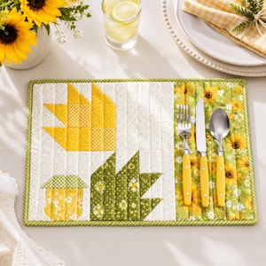 Könnte beinhalten: Ein rechteckiges, gestepptes Platzset mit einem Patchwork-Design aus Sonnenblumen und Blättern in Gelb, Grün und Weiß. Die rechte Seite enthält eine integrierte Tasche mit einer Edelstahlgabel, einem Messer und einem Löffel mit gelben Griffen.