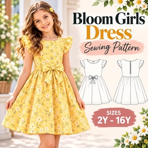 Puede incluir: Un vestido amarillo con estampado de margaritas blancas, con mangas de volantes y un lazo en la cintura. La imagen incluye el texto Bloom Girls Dress Sewing Pattern y SIZES 2Y - 16Y, junto a bocetos técnicos en blanco y negro.