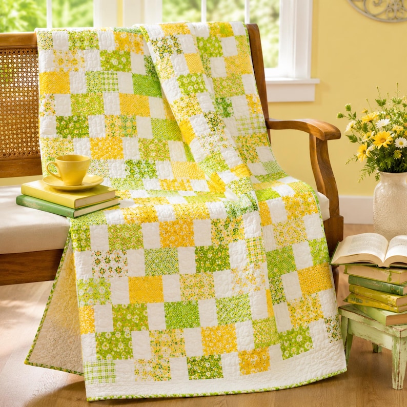 May include: A patchwork quilt featuring a repeating grid of white, bright yellow, and lime green fabric squares with various floral and geometric patterns. The quilt is draped over a wooden chair, showcasing a quilted texture and stitched borders.