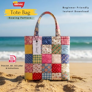 May include: A patchwork tote bag sewing pattern with a variety of colorful fabric squares. The bag has a handle and a tag that says "by Tausf." Text on the image includes "Tote Bag Sewing Pattern" and "Beginner Friendly Instant Download."