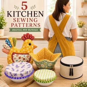 May include: A digital PDF bundle of 5 kitchen sewing patterns featuring a chicken-shaped fabric cosy, a star-shaped bowl cosy, two round bowl covers with lavender and green gingham prints, and a beige cylindrical zippered storage case.