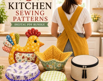 Kitchen Sewing Pattern Bundle, Cross Back Apron, Bowl Cozy, Bowl Cover, Chicken Oven Mitt, Plate Storage PDF