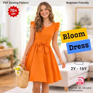 Pode incluir: Um vestido Bloom laranja com laço, mangas com babados e saia rodada. A imagem inclui o texto "PDF Sewing Pattern", "Beginner Friendly", "70% OFF", "Bloom Dress" e "2Y - 16Y". Um padrão de costura em PDF também é mostrado.
