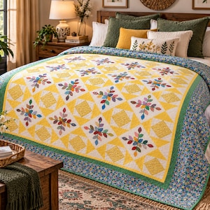 May include: A bed quilt featuring a repeating pattern of yellow and white diamond shapes with colourful leaf motifs. The quilt has a wide border with a small blue and white floral print and a thin green trim, covering a bed with multiple pillows.