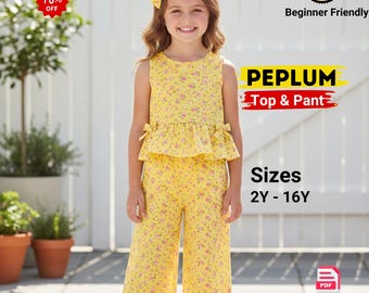 Girls Peplum Top Wide Leg Pants Sewing Pattern (2Y–16Y) (PDF Download)