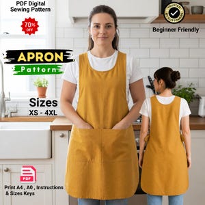 May include: Mustard-colored apron with a large front pocket, worn by a person in a kitchen setting. The apron is part of a PDF digital sewing pattern, available in sizes XS to 4XL. The image also includes text indicating a 70% discount and beginner-friendly instructions.