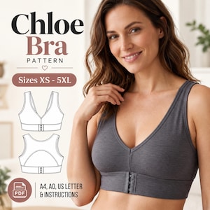 May include: A digital sewing pattern for the Chloe Bra, featuring sizes XS-5XL. The image displays a dark grey front-closure bra with a V-neckline and a technical line drawing showing front and back views, including PDF, A4, A0, and US letter formats.