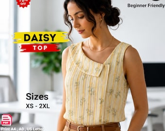 May include: A sleeveless yellow top with vertical stripes and floral accents. The top features a unique asymmetrical neckline and a button closure. The image also includes text that reads "DAISY TOP" and "Sizes XS - 2XL". The pattern is beginner friendly.