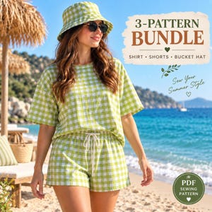 May include: A 3-pattern bundle featuring a green and white gingham shirt, shorts, and a bucket hat. The text reads 3-PATTERN BUNDLE SHIRT SHORTS BUCKET HAT, Sew Your Summer Style, and PDF SEWING PATTERN. The clothing has a loose, casual fit.