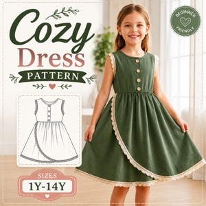 Peut inclure: Un patron de couture pour une robe sans manches vert olive avec un corsage boutonné, une jupe portefeuille et une bordure en dentelle crème. Le patron inclut les tailles 1Y-14Y et est marqué comme Cozy Dress Pattern pour débutants.