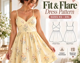 Fit and Flare Dress Sewing Pattern PDF | Midi Sundress | Strap Summer Dress | Beginner Sewing