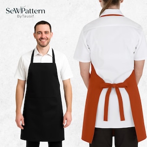 May include: A black apron with a front pocket and a rust-colored apron with a back tie closure, both worn over white shirts. The text SewPattern ByTausif is visible in the upper left corner of the image.