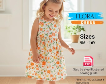 Girls Sleeveless Dress Sewing Pattern PDF, Toddler Floral Gathered Dress Pattern, Keyhole Back, Printable Bodice Skirt Tutorial