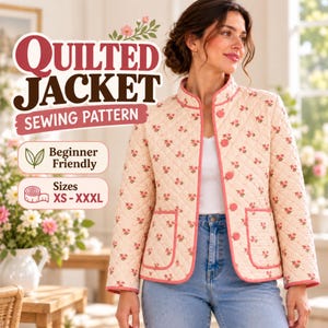 Molde para costura de jaqueta acolchoada feminina, com botões frontais, tamanhos do XS ao 3XL (PDF)