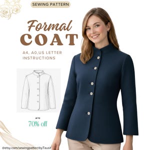 May include: A navy blue formal coat with a mandarin collar and button closure. The image includes a line drawing of a white coat and text that reads "Formal COAT" and "A4, A0, US LETTER INSTRUCTIONS". The image also includes the text "UP TO 70% off".