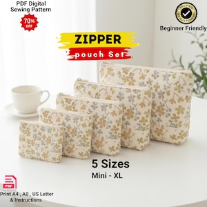 Puede incluir: Un conjunto de cuatro estuches con cremallera en cinco tamaños de mini a XL, con tela color crema y un patrón floral repetitivo en amarillo, azul y verde. El texto incluye PDF Digital Sewing Pattern, 70% OFF, Trusted by Customers, Beginner Friendly y 5 Sizes Mini - XL.