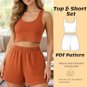 Op de afbeelding: Een oranje-bruine crop top en short set. De top is een tankstijl en de shorts hebben een elastische tailleband. De afbeelding bevat ook een lijntekening van een witte top en short set, met de tekst "Top & Short Set" en "PDF Pattern".