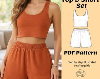 Cropped Tank Top & Shorts Sewing Pattern PDF | Women Lounge Set | Easy Summer Co-Ord | XS–XL | Beginner Knit Sewing Pattern