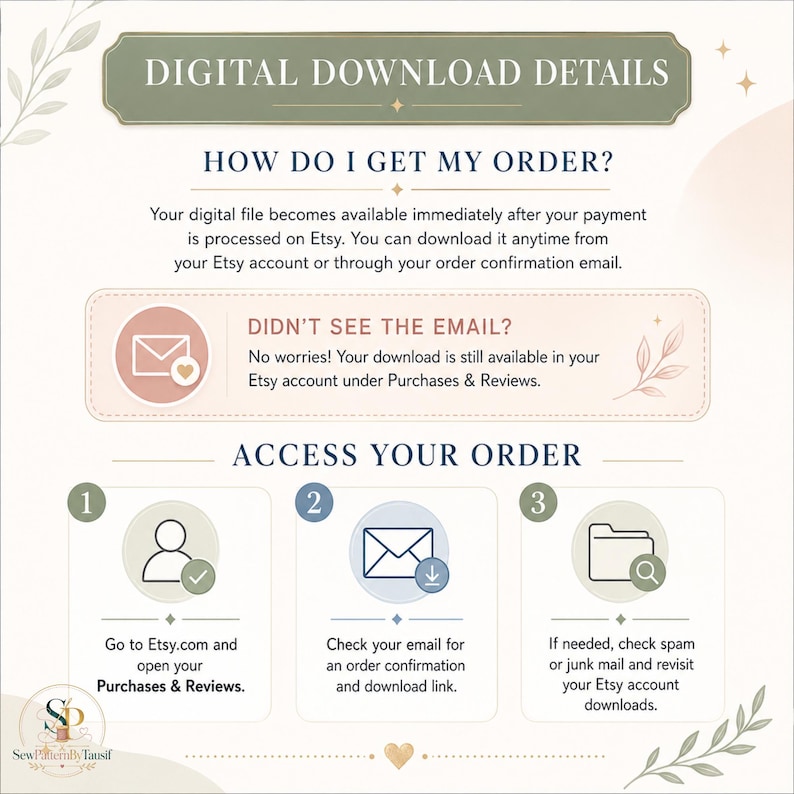 May include: An instructional graphic titled DIGITAL DOWNLOAD DETAILS explaining how to access orders on Etsy. It features three numbered steps, icons for email and account access, and text guiding users to the Purchases and Reviews section.