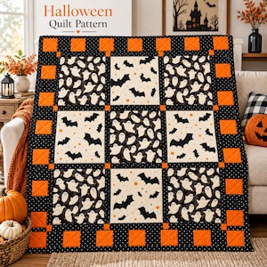 May include: A Halloween quilt pattern featuring a grid of nine alternating blocks with ghost and bat motifs. The quilt has a black border with white polka dots and orange square accents. The text "Halloween Quilt Pattern" is visible above.