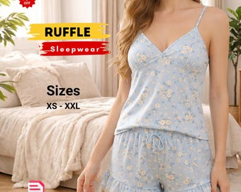 Ruffle Shorts & Camisole Sewing Pattern Set, Summer Sleepwear Set PDF, Women Loungewear Pattern, Cami Tank Top Pajama Pattern
