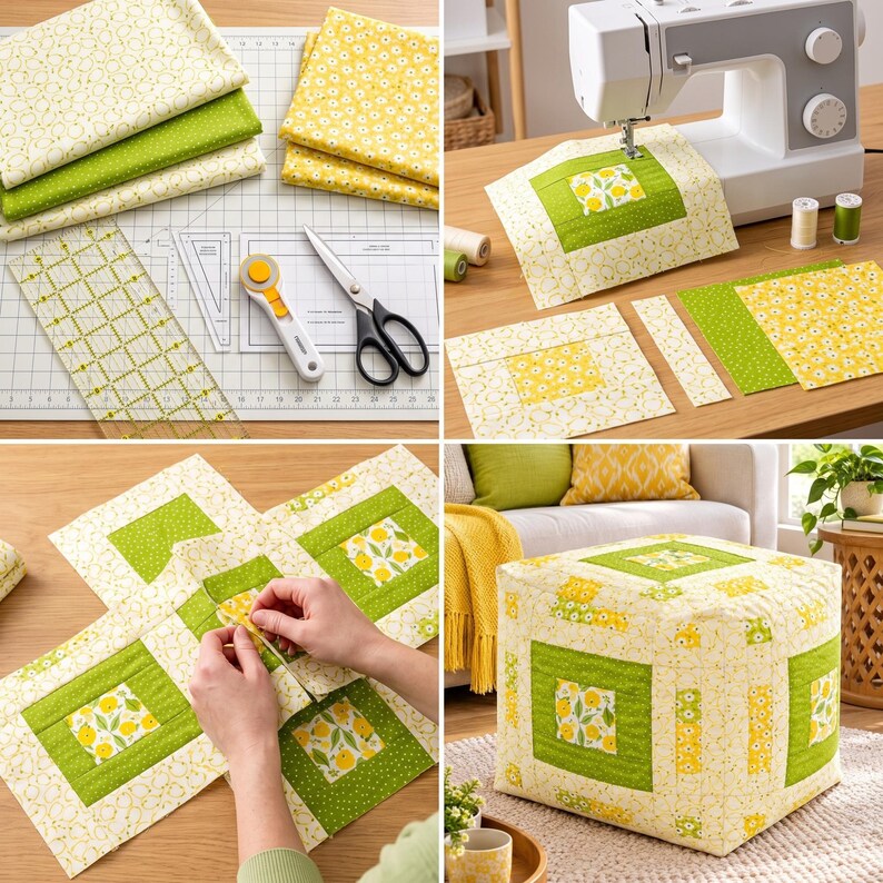May include: A sewing project featuring yellow and green floral fabric, including a rotary cutter, scissors, a clear ruler, a sewing machine, and a finished square ottoman. The fabric pieces are being assembled into a patchwork design.