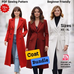 May include: Three women modeling different colored coats. The coats are red, burgundy, and white. The image includes text that says "PDF Sewing Pattern", "Beginner Friendly", "70% OFF", "Coat Bundle", and "Sizes XS-XL".
