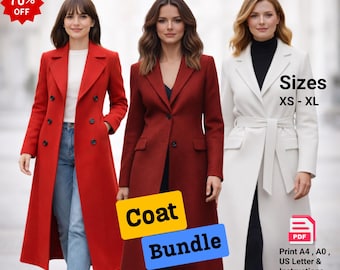3 Coat Sewing Pattern Bundle PDF, Women's Long Coat Tutorial, Tailored Coat Pattern, DIY Winter Coat Sewing Guide, Digital Pattern Set