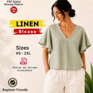 V Neck Linen Blouse Sewing Pattern PDF | Puff Sleeve Top Pattern | Summer Blouse Shirt | Women Sewing Pattern | Instant Download
