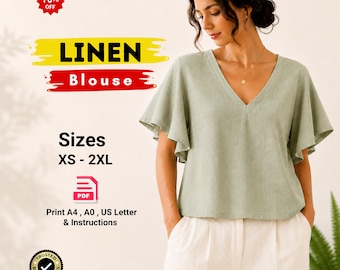 V Neck Linen Blouse Sewing Pattern PDF | Puff Sleeve Top Pattern | Summer Blouse Shirt | Women Sewing Pattern | Instant Download