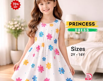 Peut inclure: Une robe blanche sans manches avec un motif floral coloré composé de fleurs roses, bleues et jaunes. Le texte sur l'image inclut PDF Digital Sewing Pattern, Beginner Friendly, PRINCESS DRESS, Sizes 2Y-16Y, 70% OFF, et Print A4, A0, US Letter & Instructions.