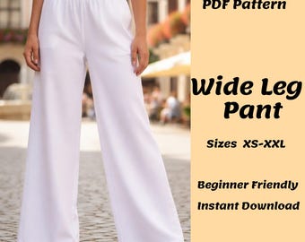 Wide Leg Pants Sewing Pattern PDF | Elastic Waist Pull On Trousers| Back Patch Pocket| Beginner Friendly| A0 A4 US Letter | Instant Download