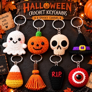 May include: Eight crochet keychains featuring Halloween themes including a white ghost, orange pumpkin, beige skull, black witch hat, candy corn, orange broom, black coffin with R.I.P. text, and a red eyeball, all attached to silver metal key rings.