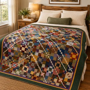 May include: A patchwork quilt featuring a complex grid of multi-coloured fabric squares in shades of blue, red, yellow, green, and brown. The design includes diagonal white and dark-coloured chains, finished with a solid dark green border.