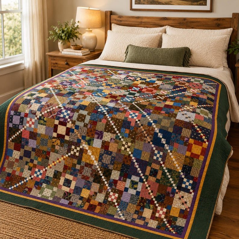 May include: A patchwork quilt featuring a complex grid of multi-coloured fabric squares in shades of blue, red, yellow, green, and brown. The design includes diagonal white and dark-coloured chains, finished with a solid dark green border.