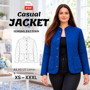 May include: A digital sewing pattern for a casual jacket, featuring a blue quilted jacket with a mandarin collar, front buttons, and two patch pockets. The image includes a line drawing of the jacket, the text "Casual JACKET SEWING PATTERN", "PDF", and "A4, A0, US Letter & Instructions XS - XXXL".
