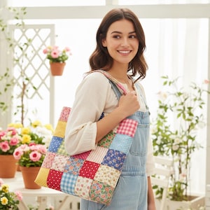May include: A patchwork tote bag with a variety of colorful fabric squares. The bag features a mix of floral, gingham, and solid patterns in red, blue, yellow, and pink. The bag is carried by a person wearing overalls.