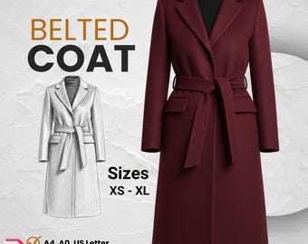 May include: A PDF sewing pattern for a belted coat in sizes XS-XL. The image displays a deep burgundy coat with a tie belt, lapels, and flap pockets, alongside a black turtleneck, a technical sketch of the coat, and text: PDF SEWING PATTERN BELTED COAT.