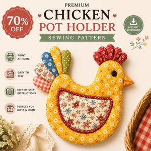Chicken Oven Mitt Sewing Pattern PDF | Chicken Pot Holder Pattern | Farmhouse Kitchen Potholder | Quilt Hot Pad | Instant Download