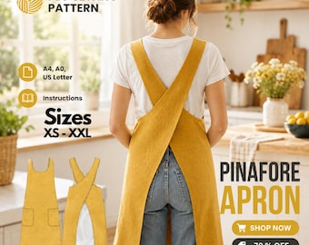 May include: A mustard yellow pinafore apron with a cross-back design and two front pockets. The digital PDF sewing pattern includes instructions and sizes XS to XXL, compatible with A4, A0, and US Letter paper formats for home printing.